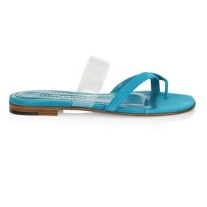 New w/ob Manolo Blahnik Blue Teal Susina Crisscross Toe-Strap Flat Sandals Size7